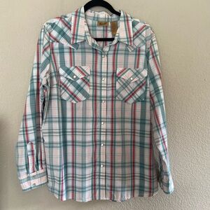Wrangler Shirt Womens XL Teal Plaid Pearl Snap Western Buffalo